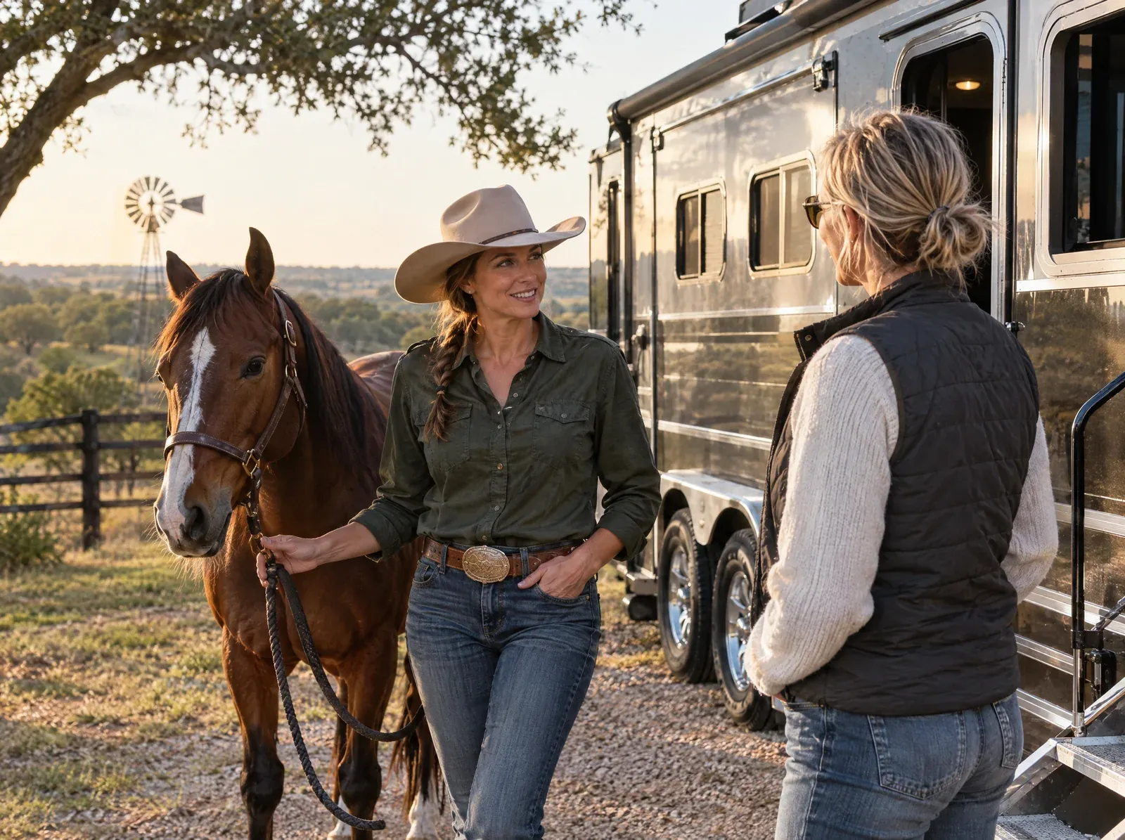 Equine business owners talking beside a living-quarters horse trailer