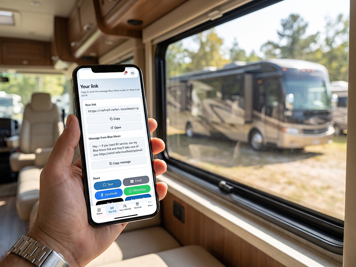 Blue Moon Your Link screen displayed on a phone held inside an RV