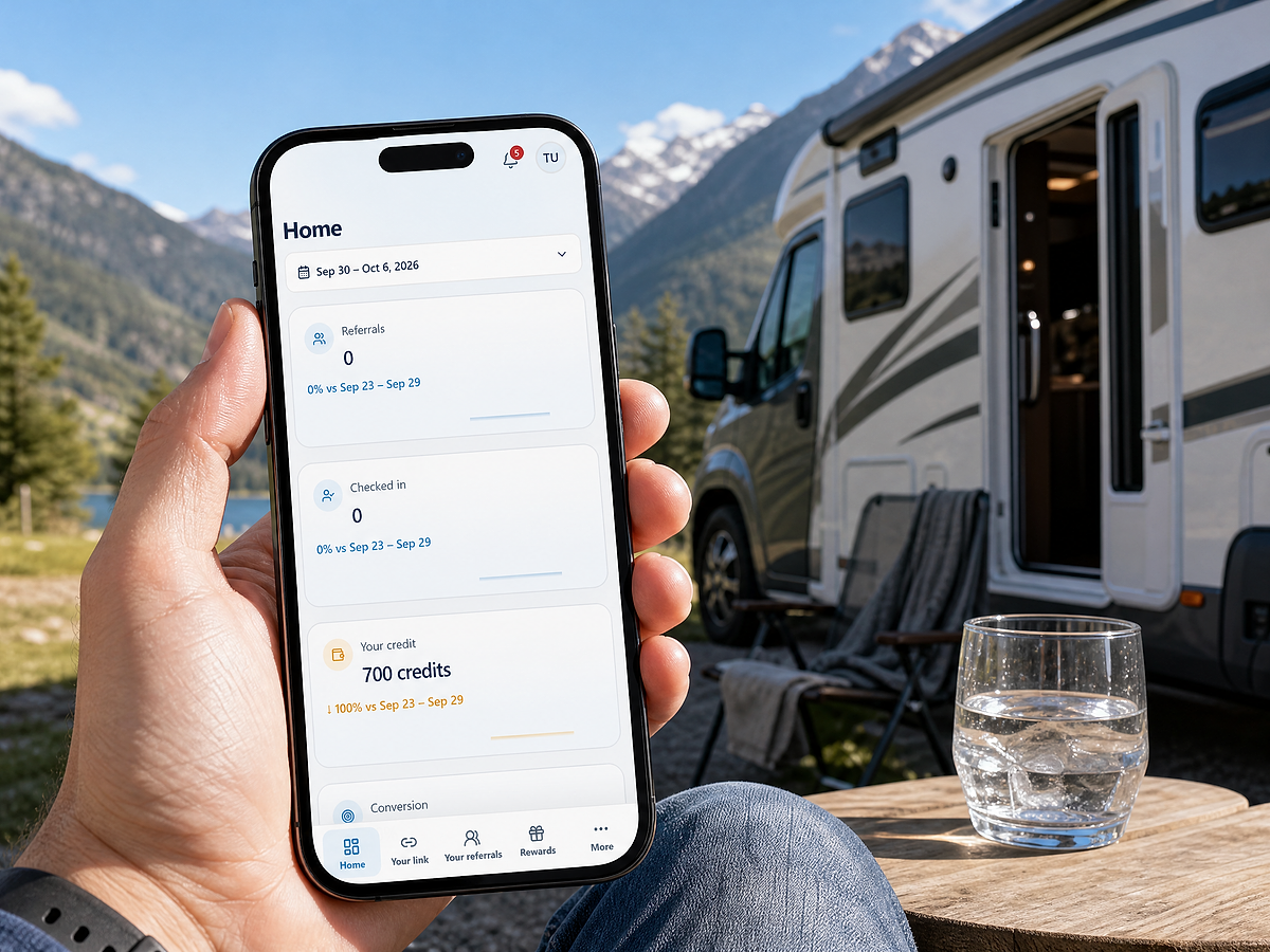 Blue Moon credit wallet displayed on a phone at an RV campsite