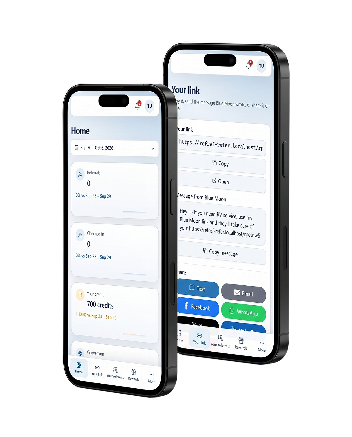 Blue Moon partner Home and Your Link screens displayed on two mobile phones