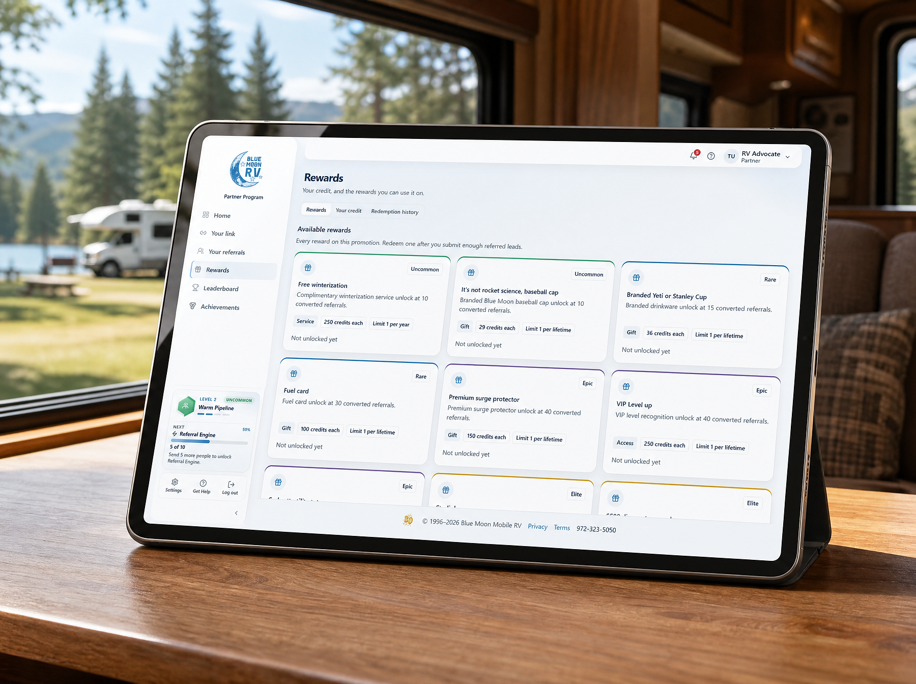 Blue Moon rewards catalog displayed on a tablet inside an RV