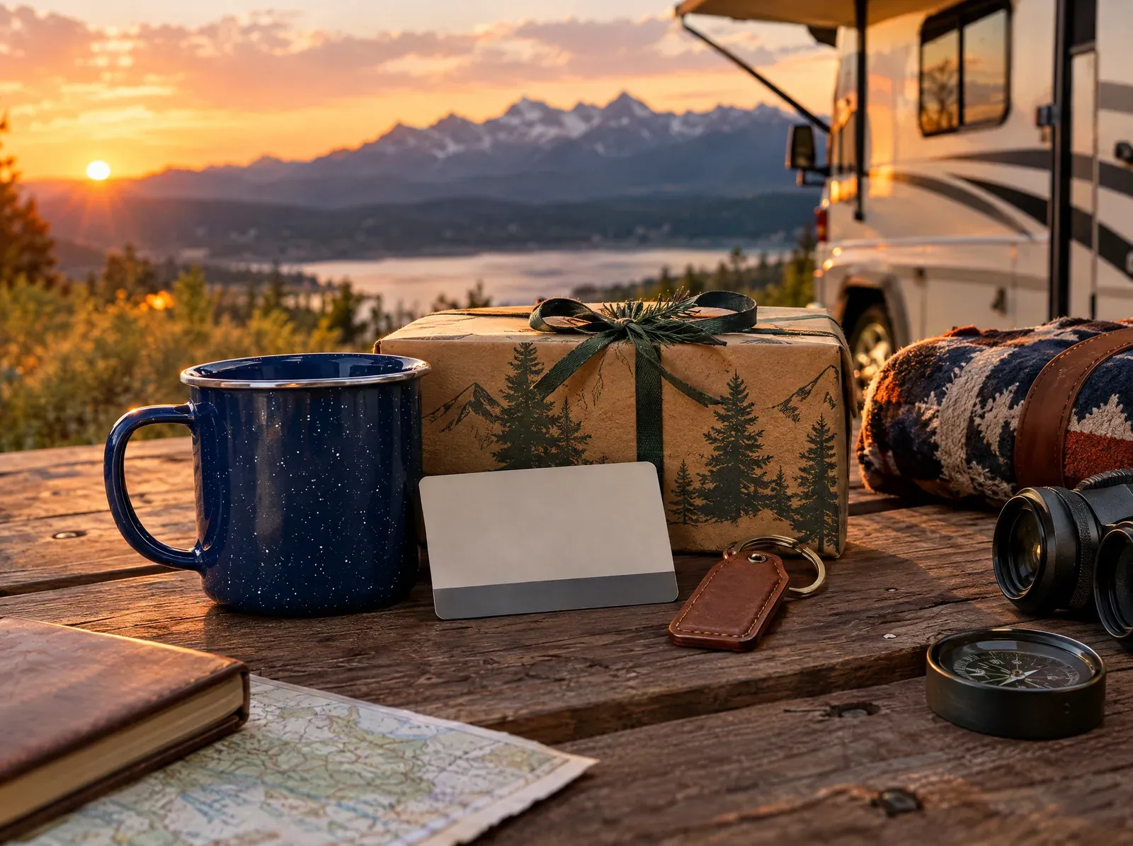 RV travel rewards arranged at a mountain campsite