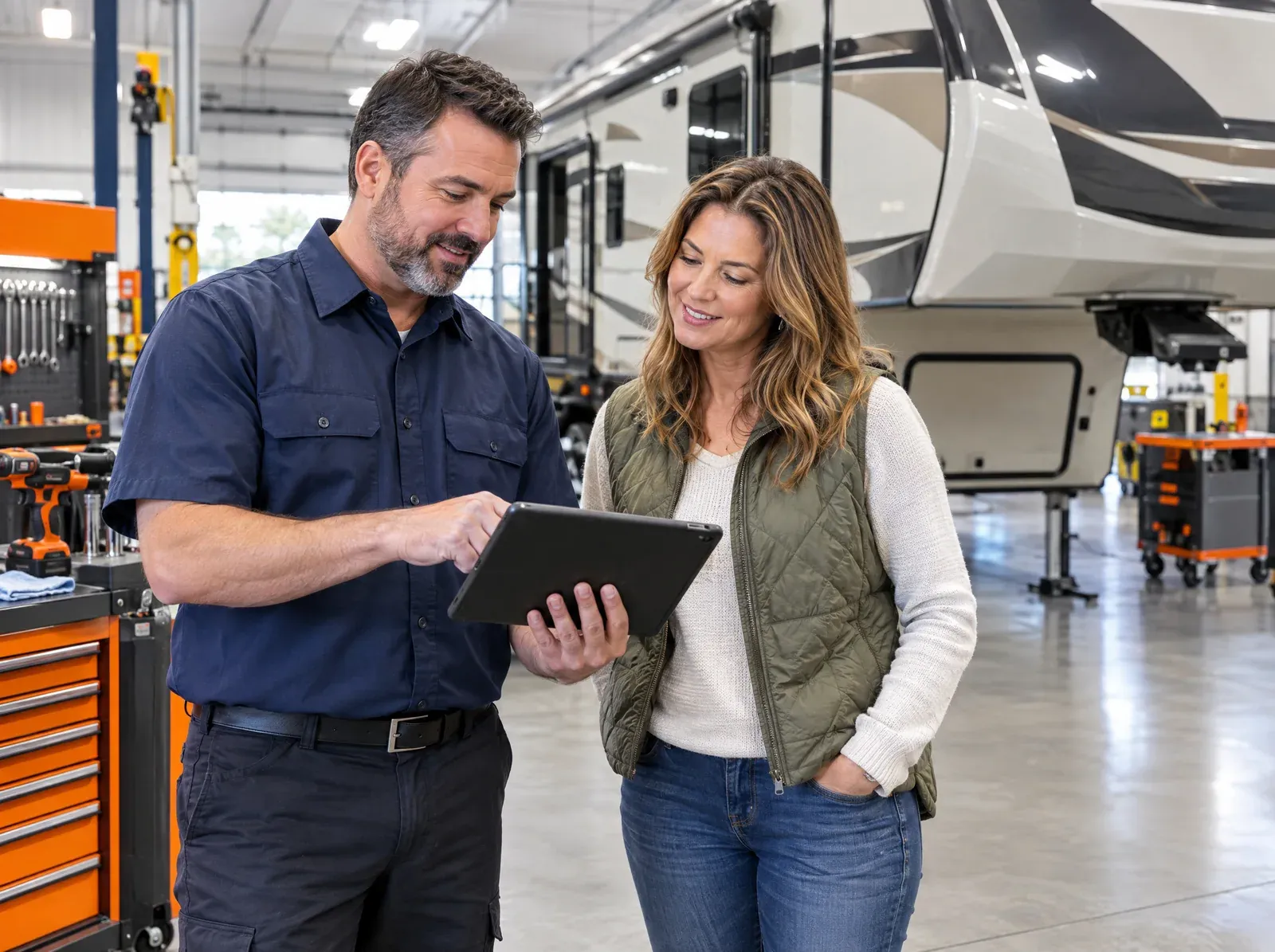 An RV service advisor reviewing referral details with an owner