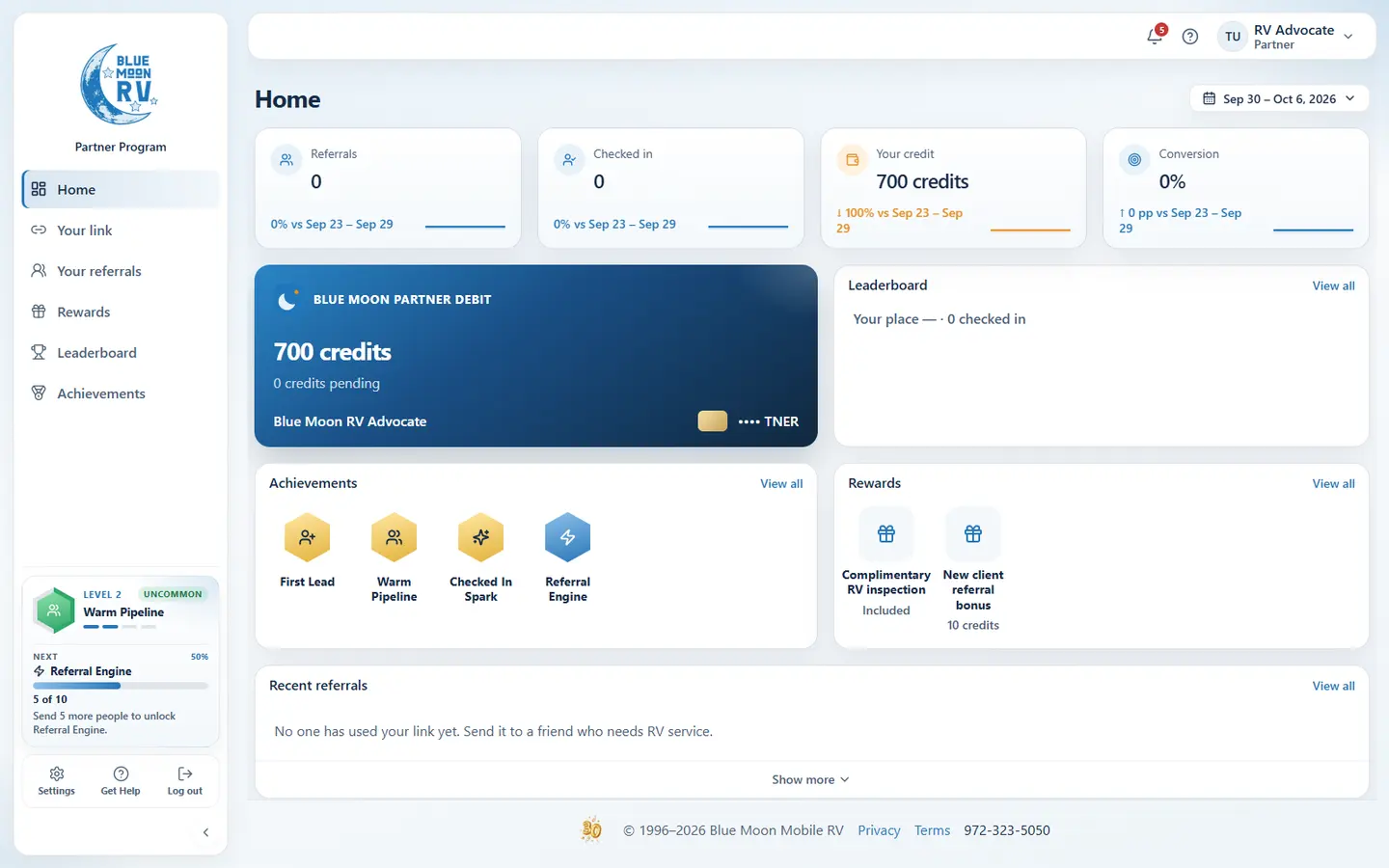 Blue Moon partner home with credit balance, achievements, and referral activity