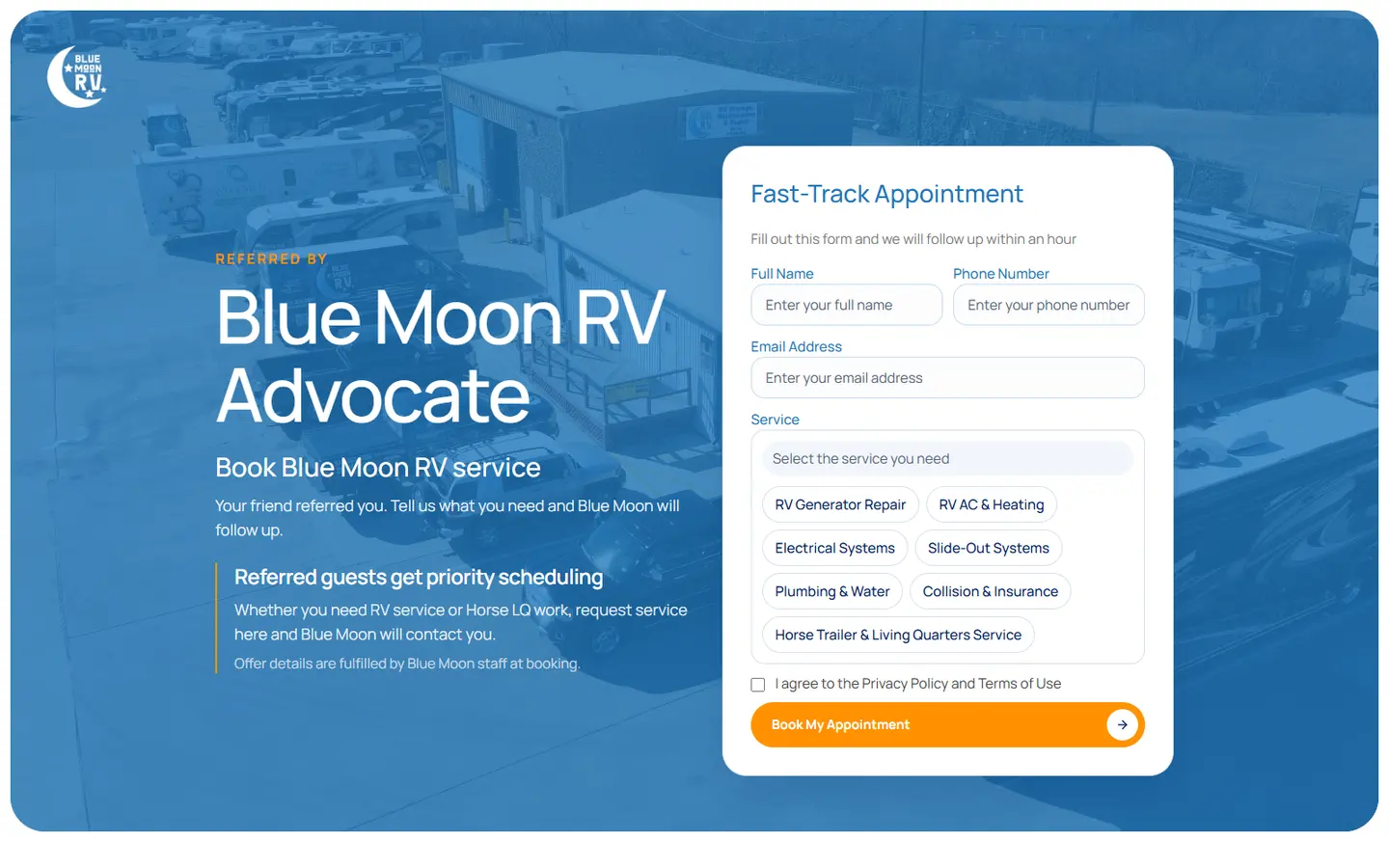 Blue Moon referral page a guest sees after opening a partner link, with the booking form