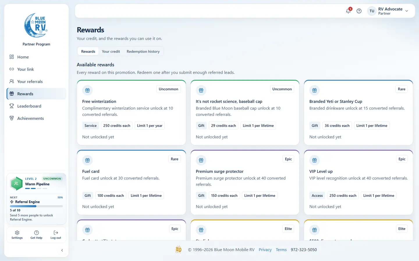 Blue Moon partner rewards catalog with gifts and services that credits can redeem