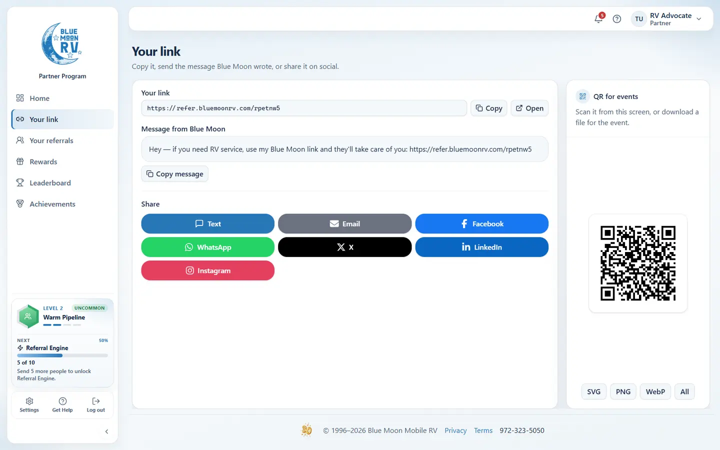 Blue Moon partner share screen with the custom referral link, message, and event QR code